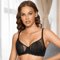 Front view of black lace full cup underwired bra with sheer mesh center gore - MissFine