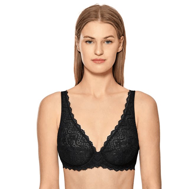 Close-up of floral lace detail and scalloped edges on padded underwired bra cups - MissFine