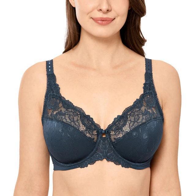 Front view of teal full coverage padded bra in plus size with floral lace neckline and underwire - MissFine