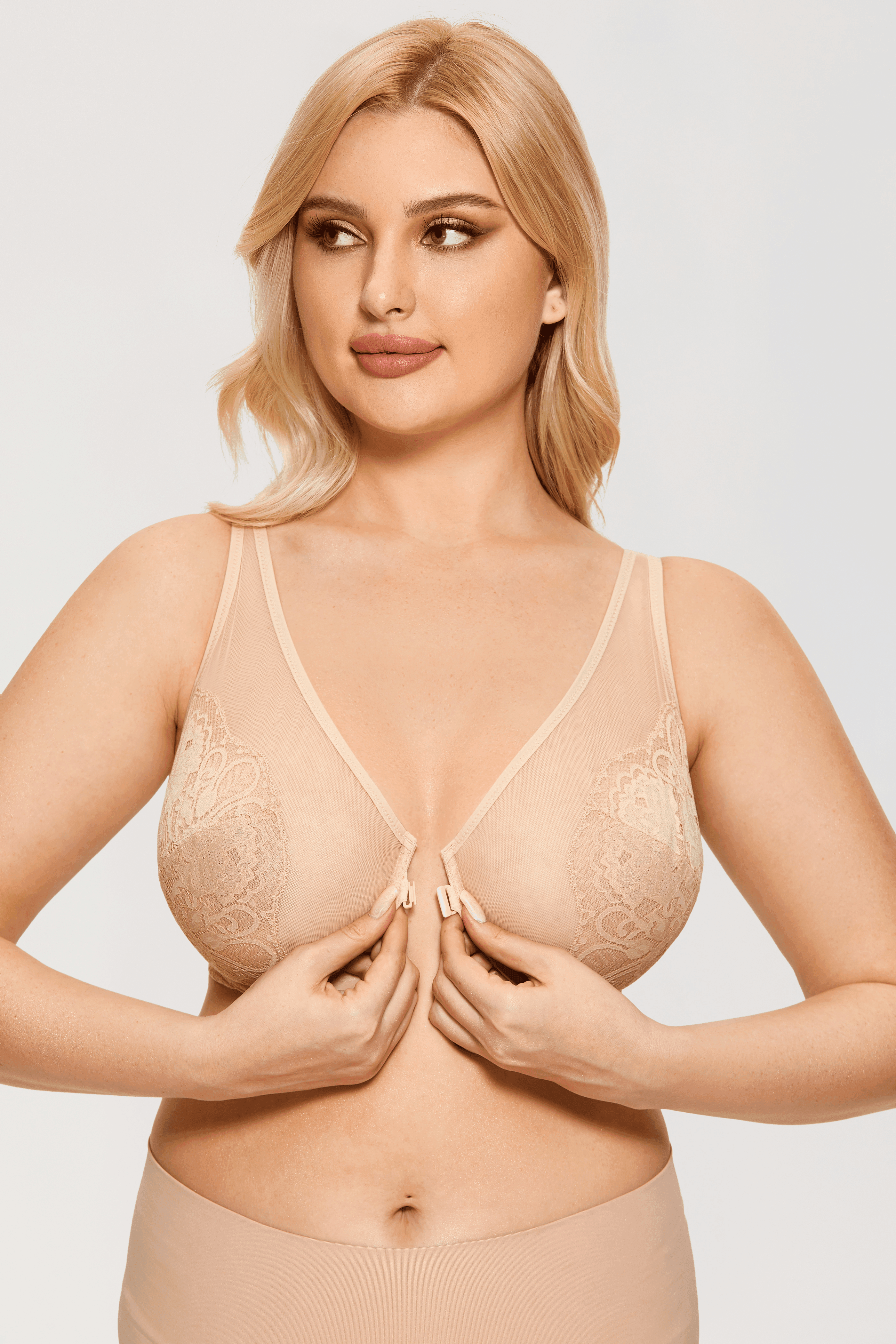 Front view of nude lace minimiser bra with center front clasp and full cups on model - MissFine