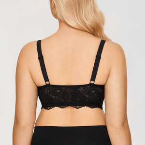 Back view of black lace full coverage bra showing adjustable straps and wide band - MissFine