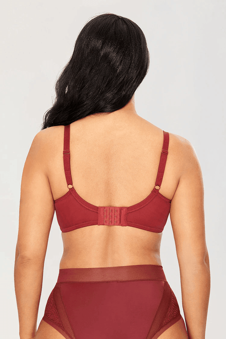 Front close-up of burgundy lace cups with sheer mesh top and scalloped edges on plus size bra - MissFine