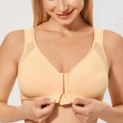 Front view of nude wireless full coverage bra with molded cups and front hook closure - MissFine