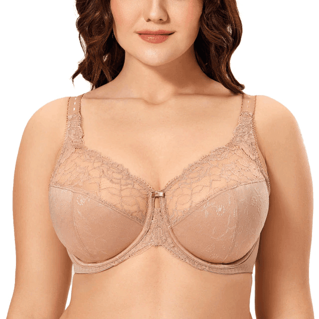 Side angle showing molded padded cup and adjustable strap on dark blue bra with lace detailing - MissFine