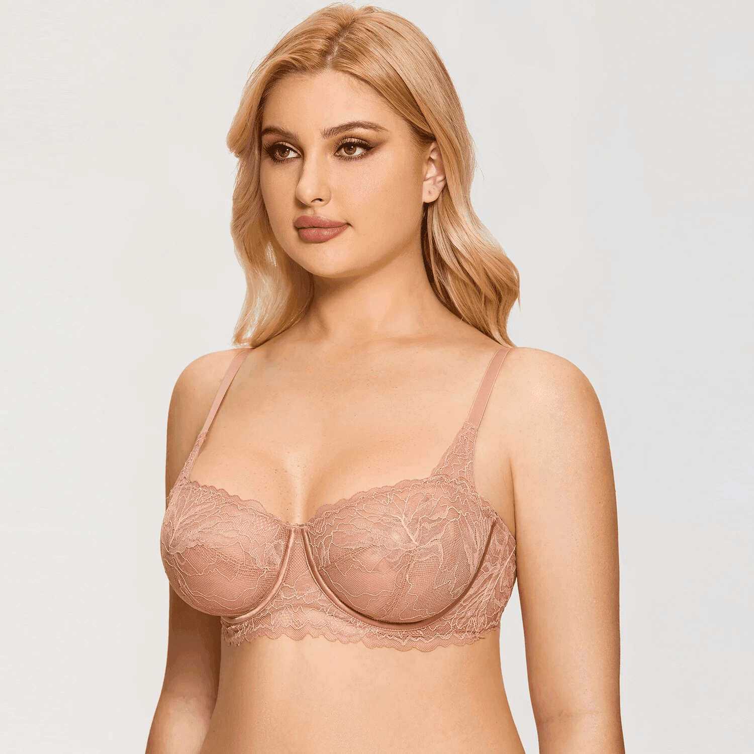 Front view of peach nude lace bra with padded underwired full cups and straps - MissFine