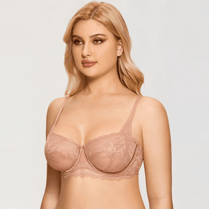 Front view of peach nude lace bra with padded underwired full cups and straps - MissFine