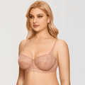 Front view of peach nude lace bra with padded underwired full cups and straps - MissFine