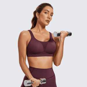 Front view of plum seamless sports bra with molded padded cups and full coverage neckline - MissFine