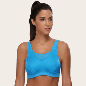 Front view of light blue seamless non wired sports bra with full coverage cups - MissFine
