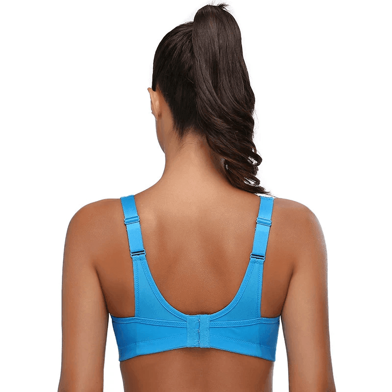 Front view of nude full coverage non wired sports bra with mesh neckline detail - MissFine