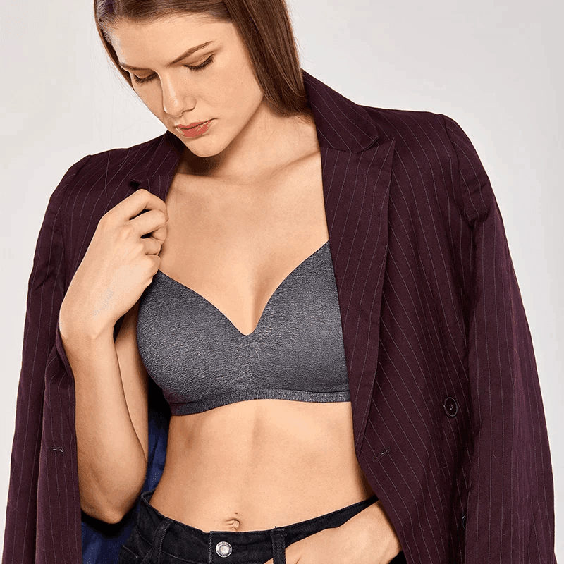 Front view of charcoal gray seamless t shirt bra with molded cups and V-neckline - MissFine