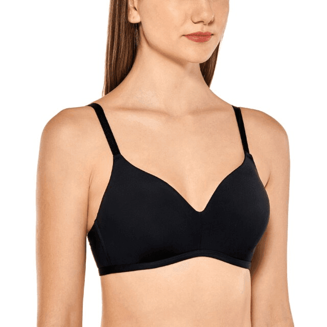 Side angle of black seamless t shirt bra showing smooth demi coverage and straps - MissFine