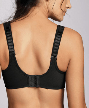 Back view of black sports bra with wide adjustable straps and hook-and-eye closure - MissFine