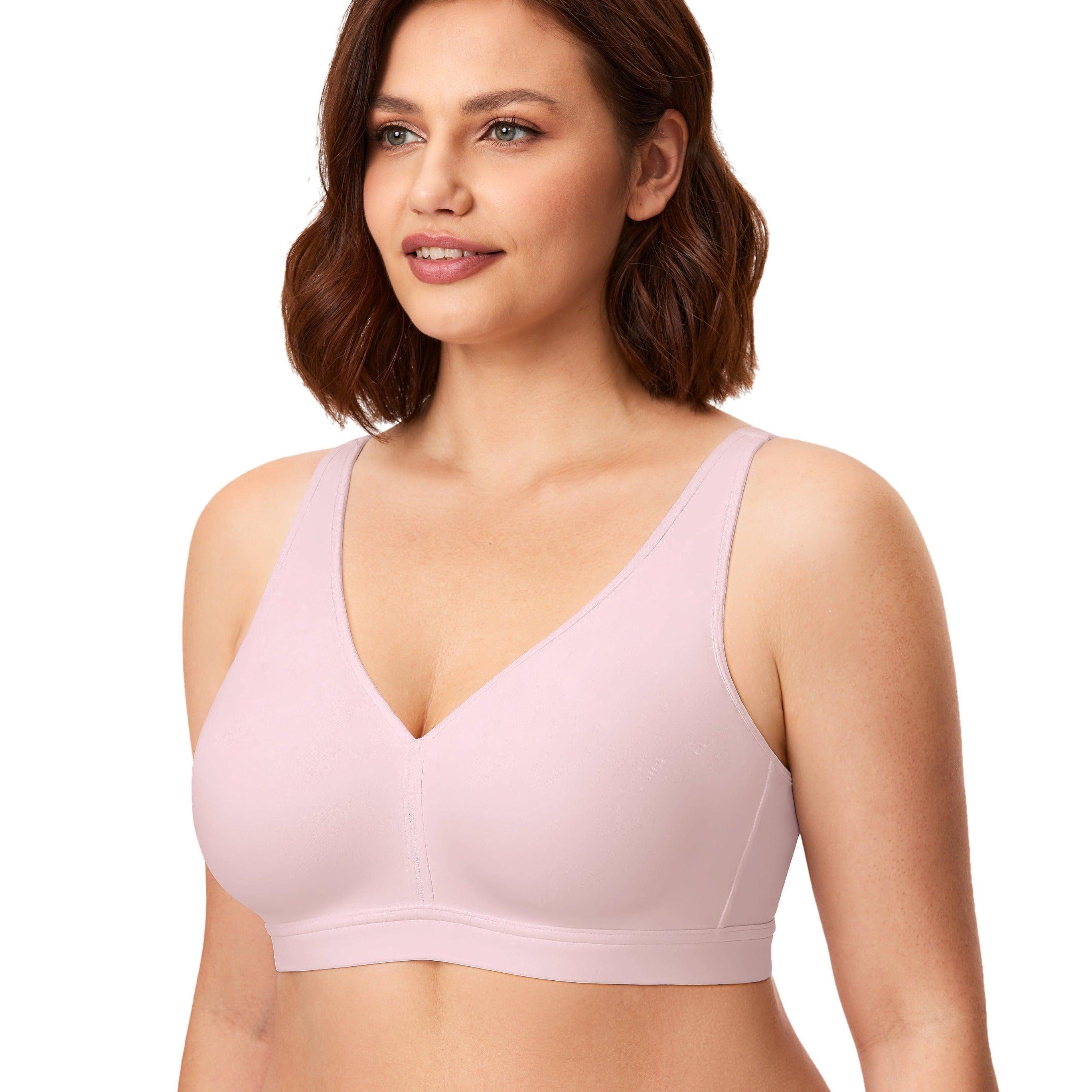 Front view of cotton pink non wired full cup bra with wide straps and posture band - MissFine