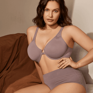 Front view of taupe full coverage plus size front closure bra with molded cups - MissFine