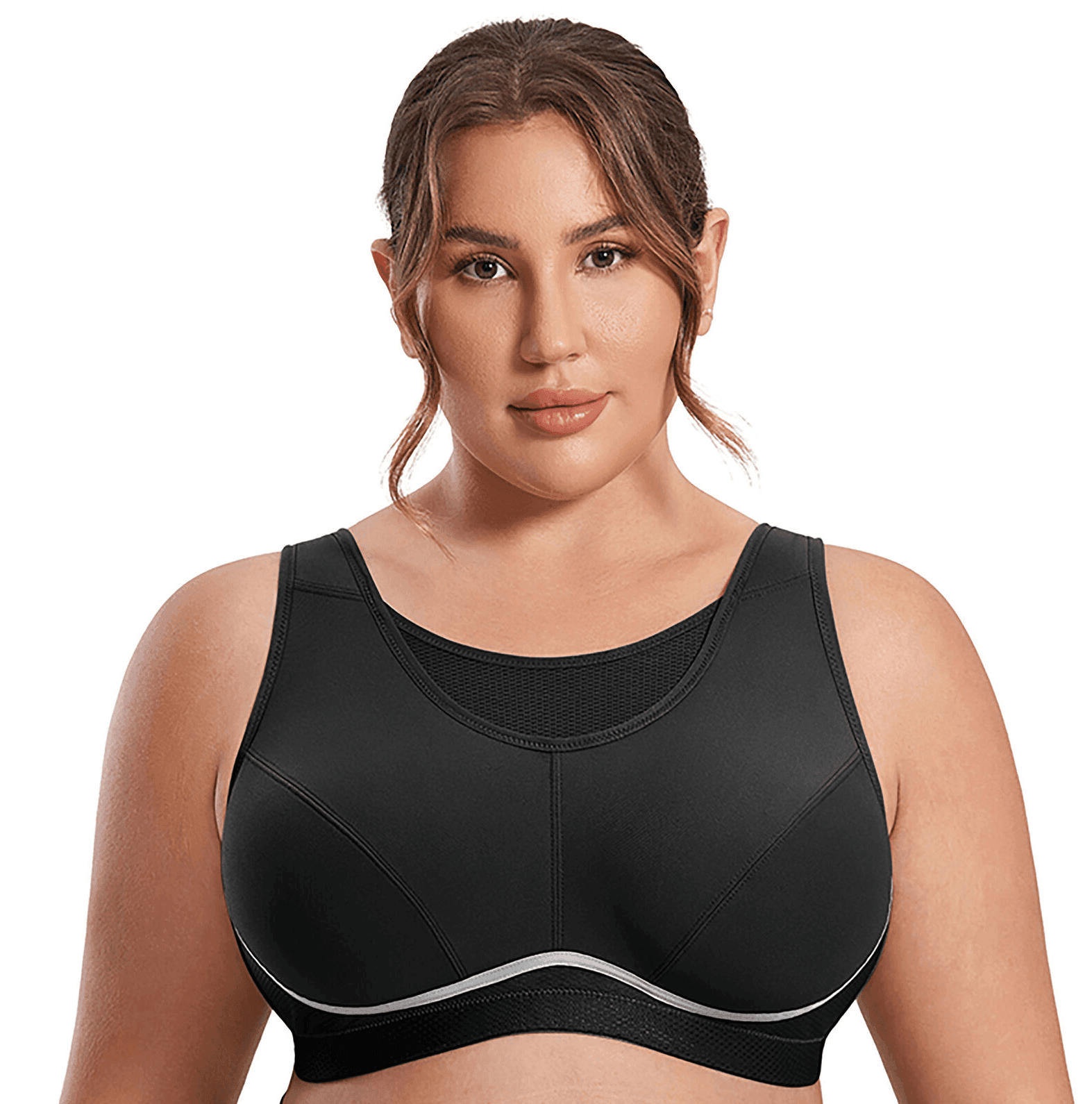Back view of plus-size sports bra highlighting broad band and orthopaedic-inspired support panels - MissFine