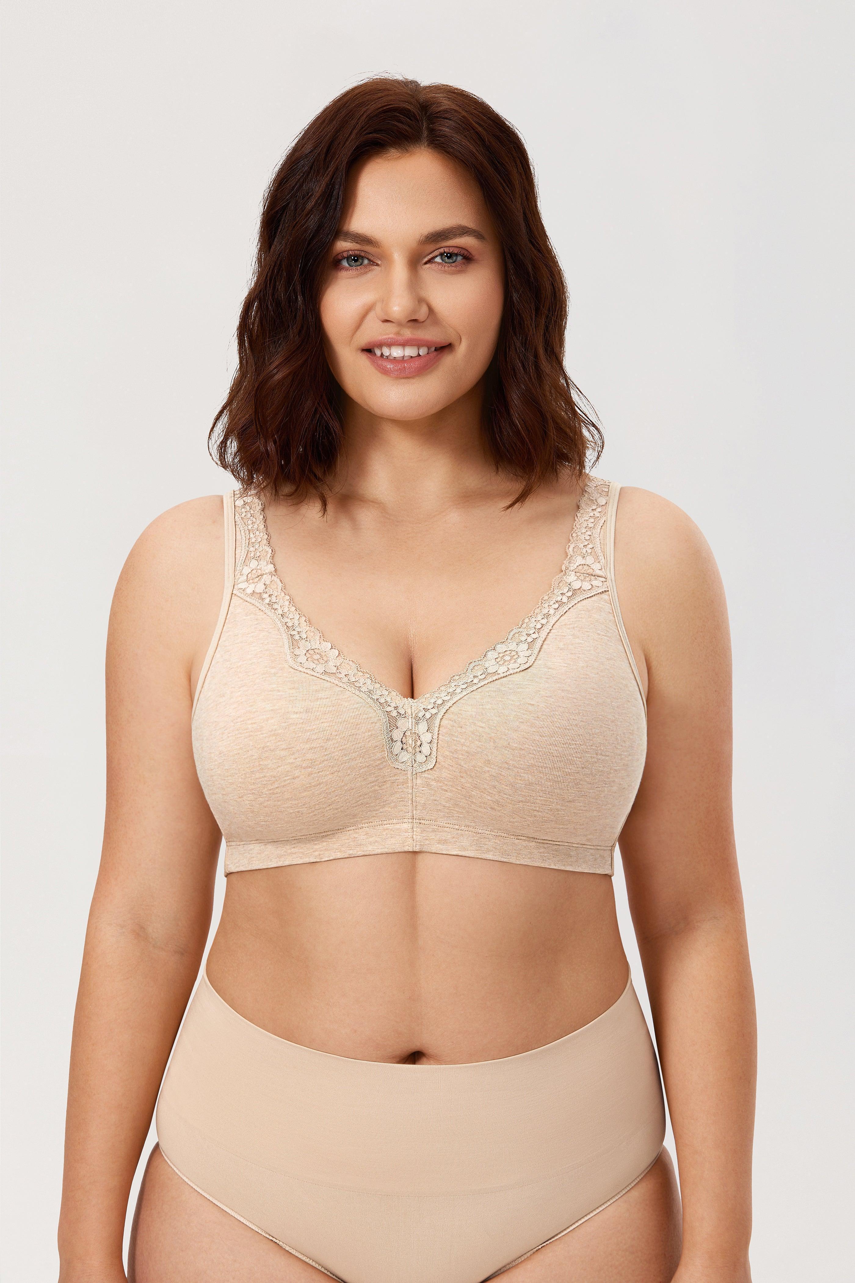 Front view of cotton nude wireless full cup bra with soft cups and front zip detail - MissFine