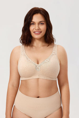 Front view of cotton nude wireless full cup bra with soft cups and front zip detail - MissFine