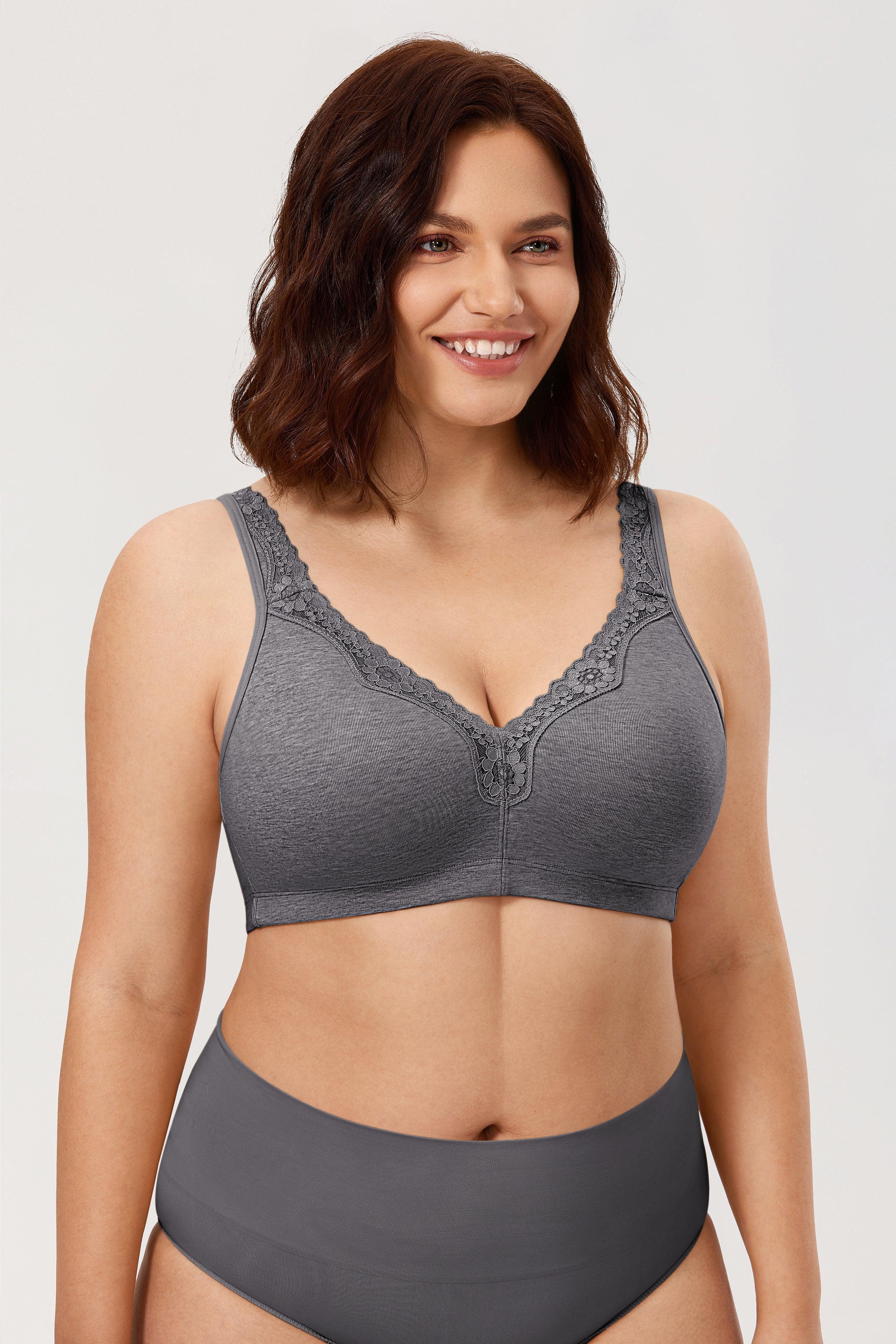 Back view of gray wireless full cup bra with adjustable straps and hook-and-eye closure - MissFine