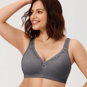 Front view of plus size nude non wired full cup bra with lace V-neckline and wide band - MissFine