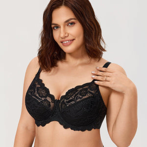 Front close-up showing floral lace overlay and lightly padded molded cups in black plus size bra - MissFine
