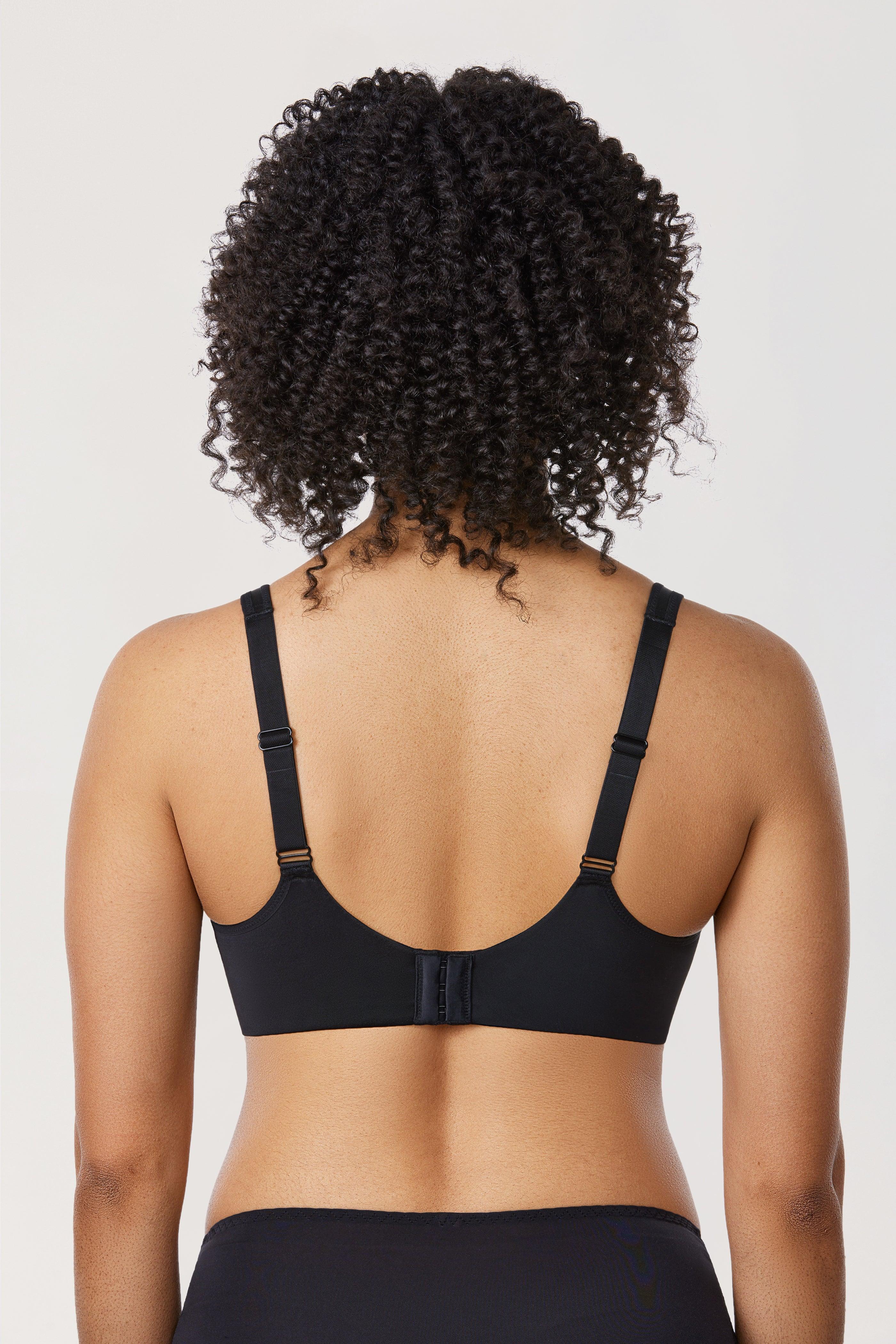 Back view of black plus size bra with wide band and hook-and-eye closure - MissFine