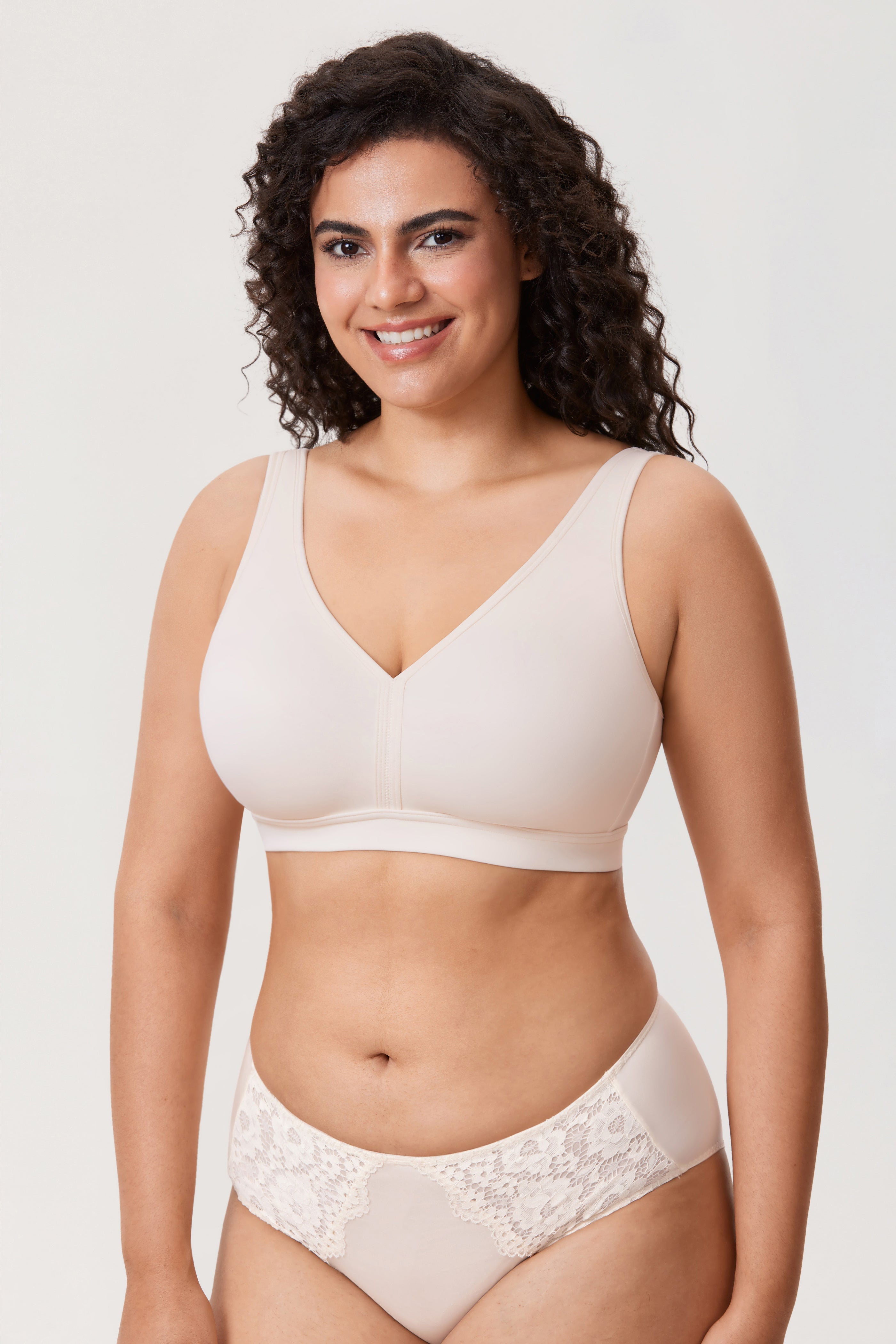 Front view of beige full cup minimiser bra with V-neckline and smooth seamless cups - MissFine