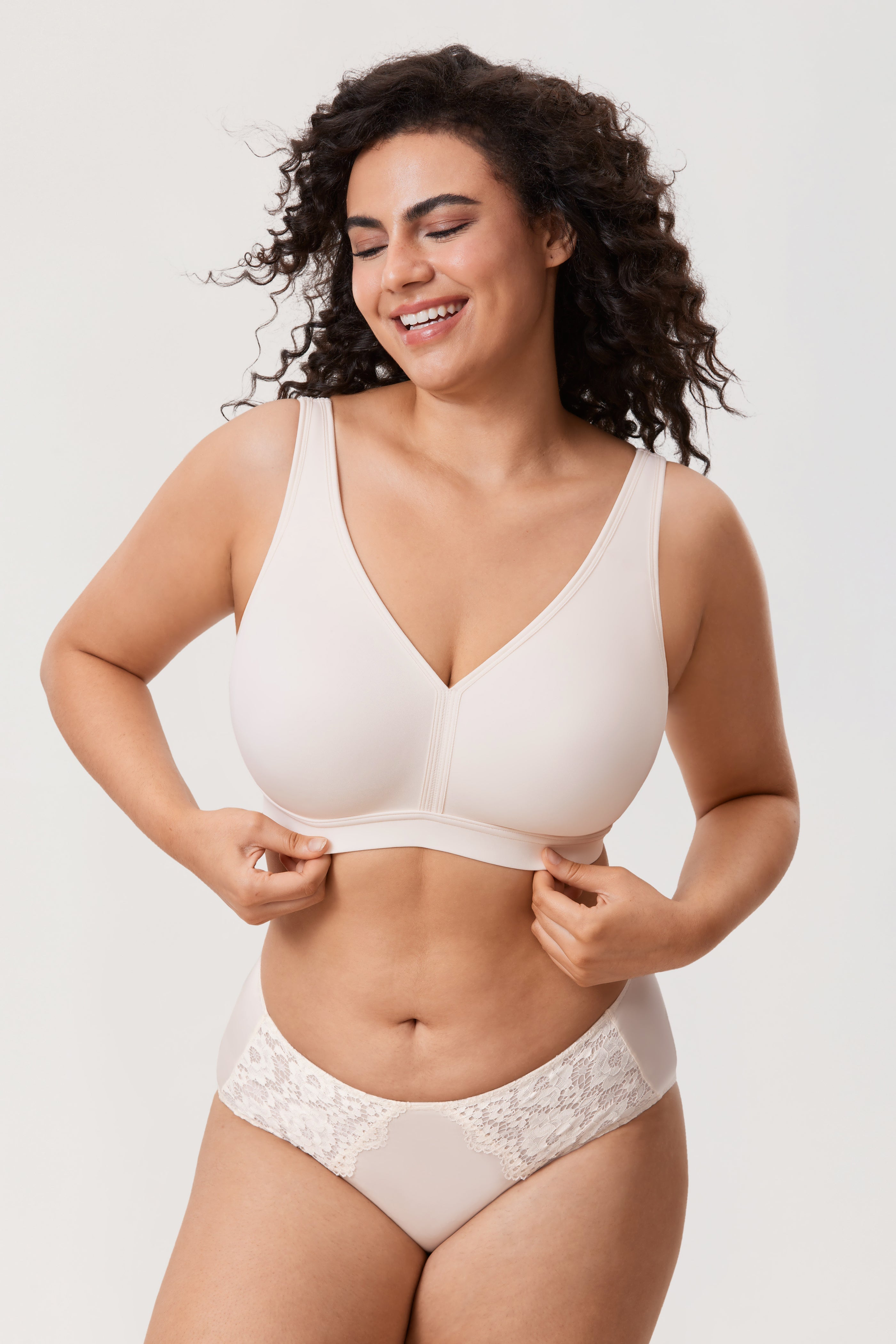 Back view of nude full coverage bra showing wide band and multi hook-and-eye back closure - MissFine