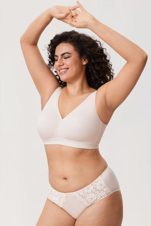 Side angle of wireless full cup bra with wide adjustable straps and smooth sides for a neat profile - MissFine