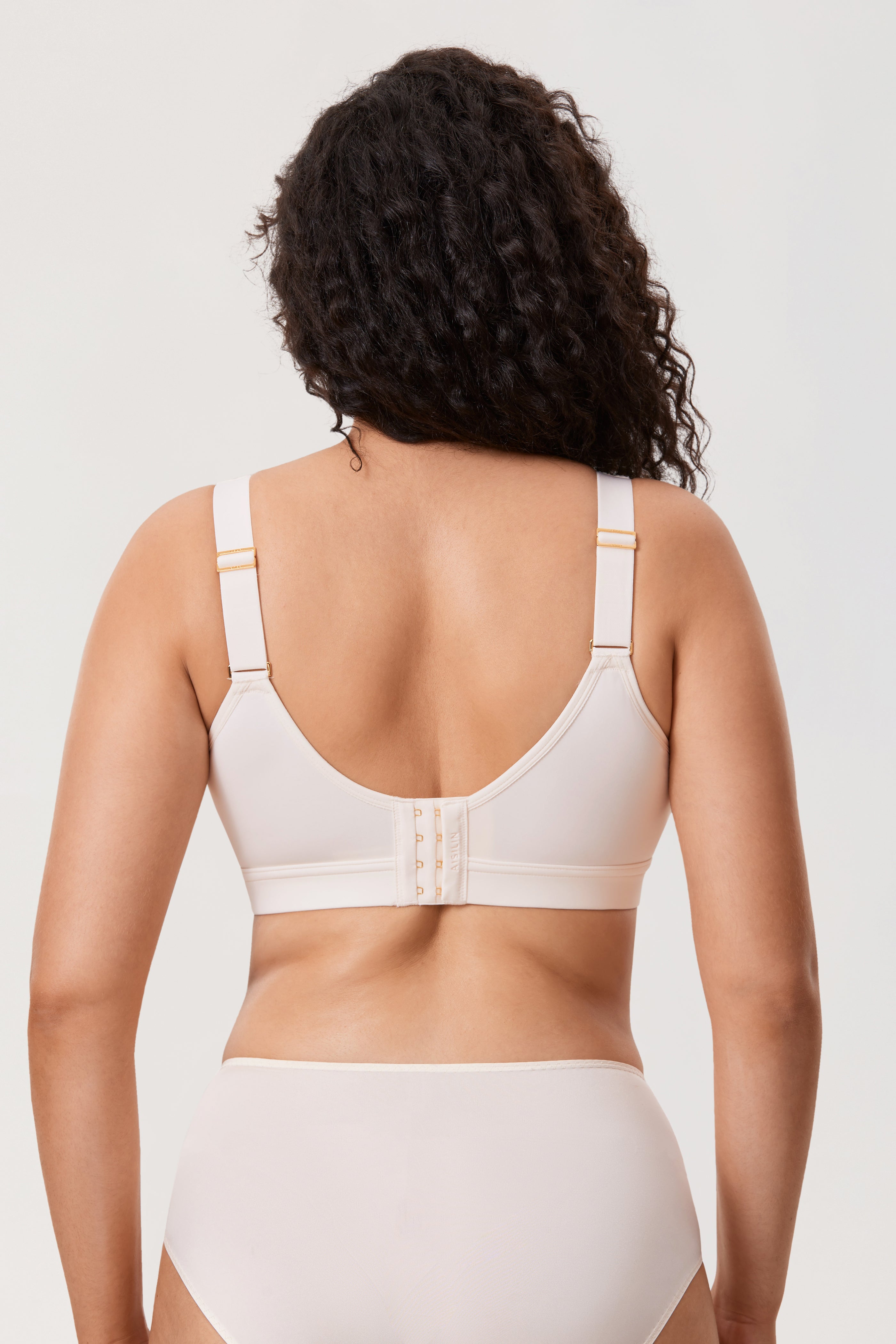 Back view of black minimiser bra with adjustable straps and wide support band for everyday wear - MissFine