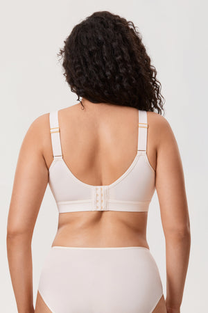 Back view of black minimiser bra with adjustable straps and wide support band for everyday wear - MissFine
