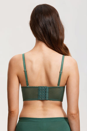 Side angle of green plunge lace bra showing molded cups and thin adjustable shoulder straps - MissFine