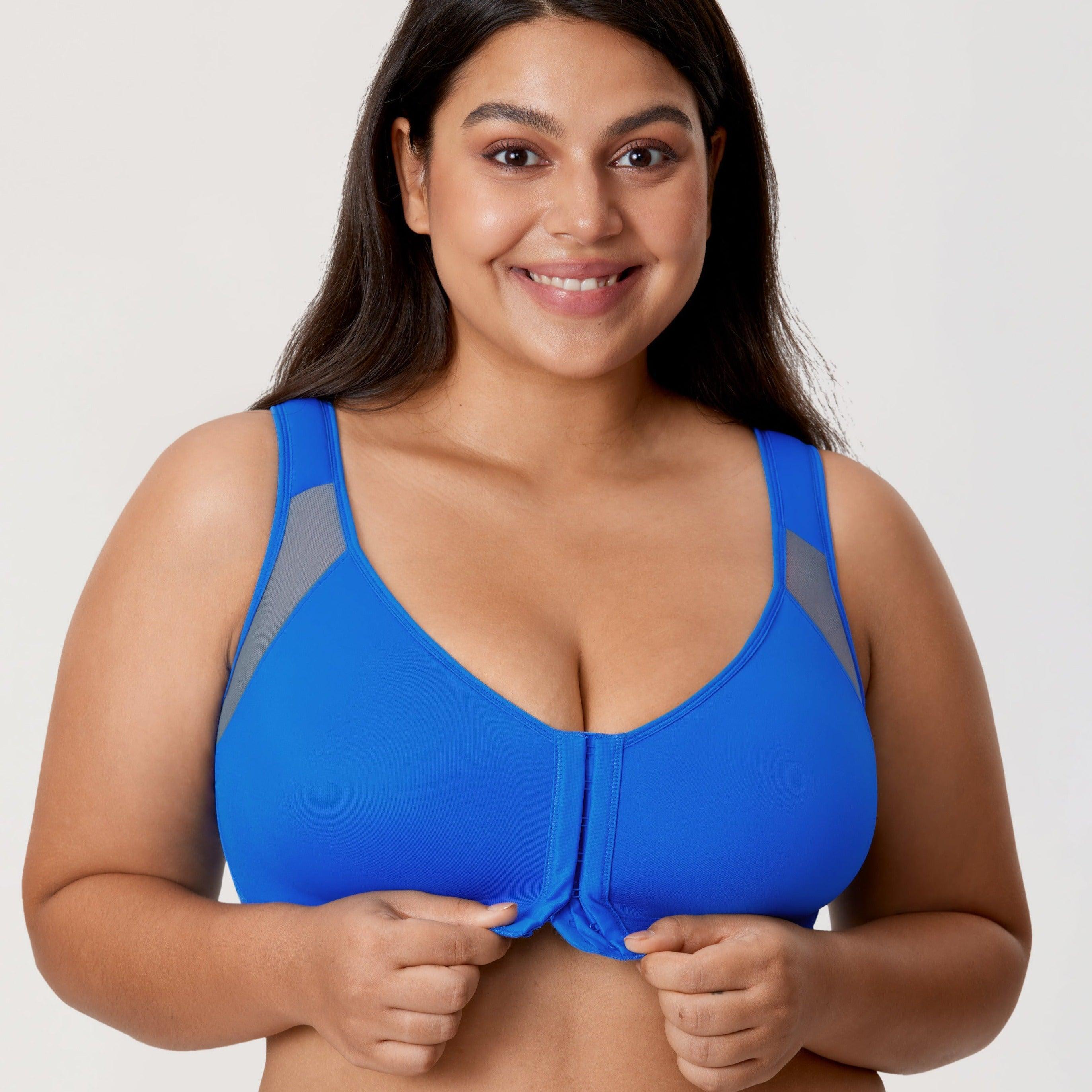 Front view of blue plus size front closure bra with zip and smooth full cups - MissFine