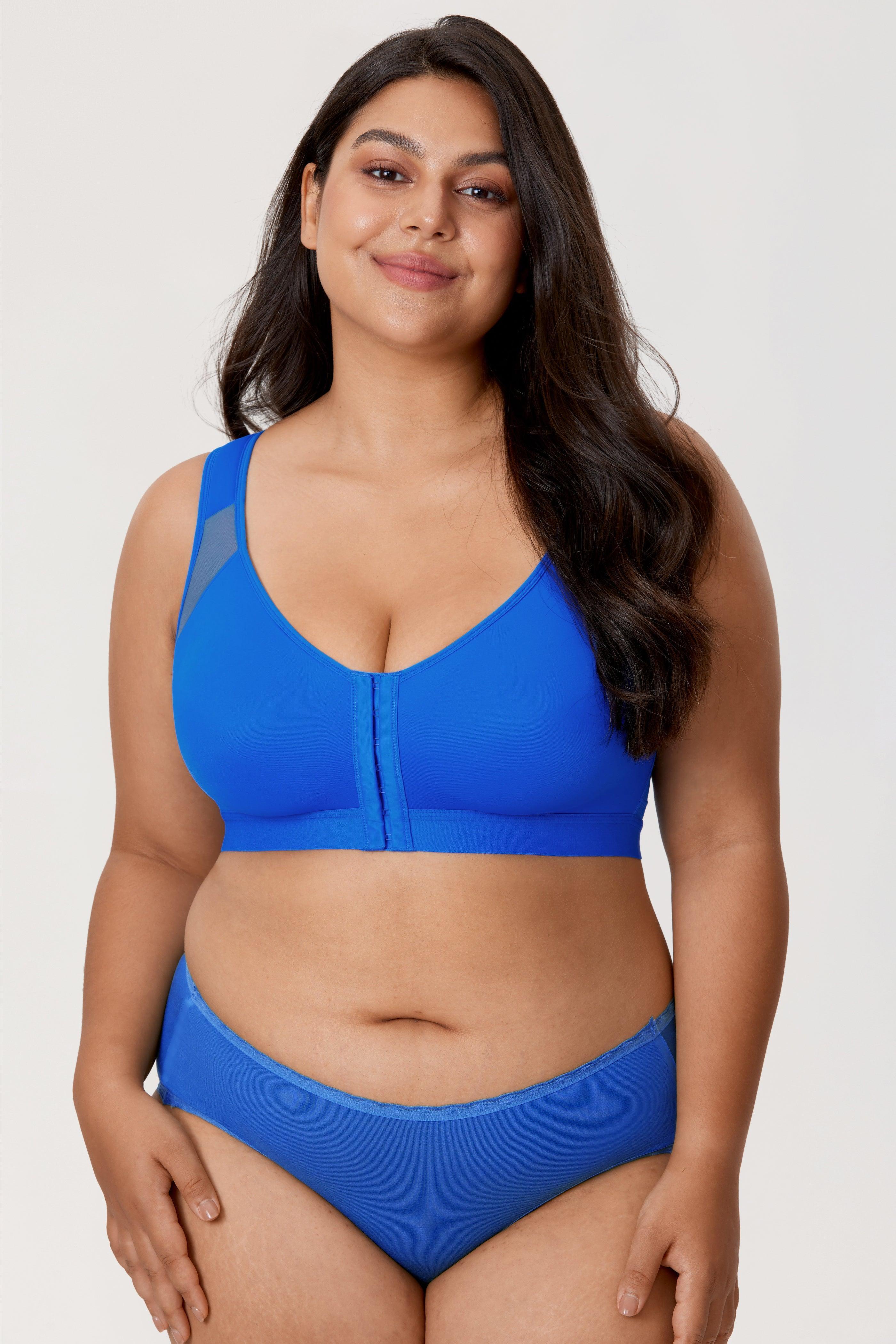 Back view of blue posture support bra with X-shaped mesh back and wide band - MissFine