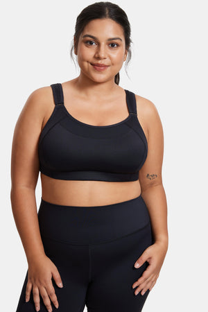 Back view of black sports bra with wide straps and pull-on style full coverage design - MissFine