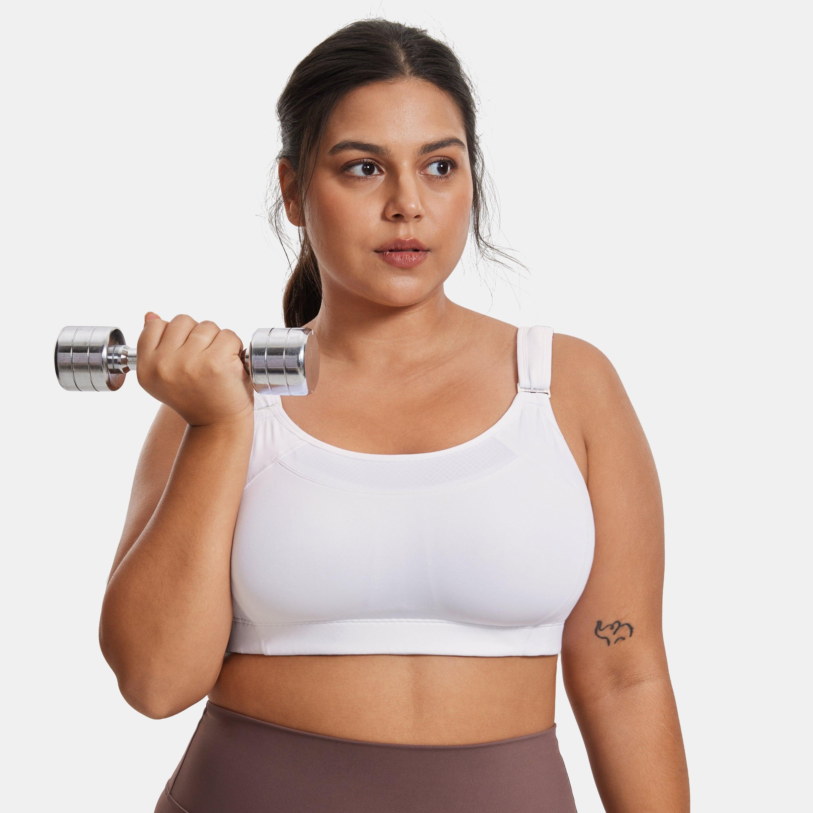 Front view of plus size white sports bra with full cup coverage and wide straps - MissFine