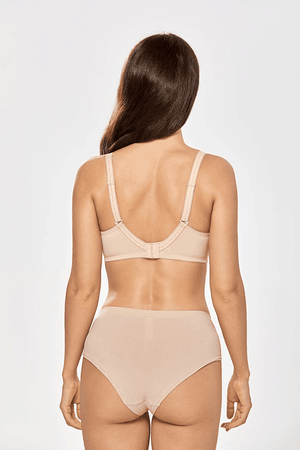 Close-up of lace and mesh detailing on plunge-style nude underwire cup and center bow - MissFine