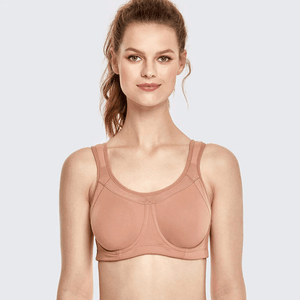 Back view of pull on sports bra with broad underband and U-shaped neckline - MissFine