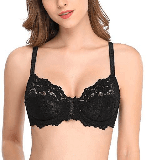 Close-up of sheer floral lace cups and underwire support detailing - MissFine