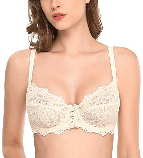 Side angle of unpadded lace bra showing adjustable straps and rounded cup shape - MissFine