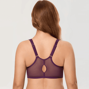 Back view of purple plus size bra showing wide mesh orthopedic-style support panel - MissFine