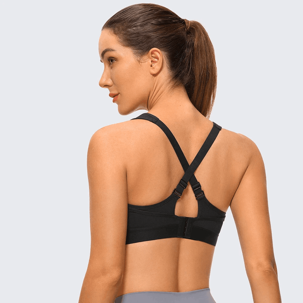 Back view of black sports bra with wide adjustable straps and smooth full coverage band - MissFine