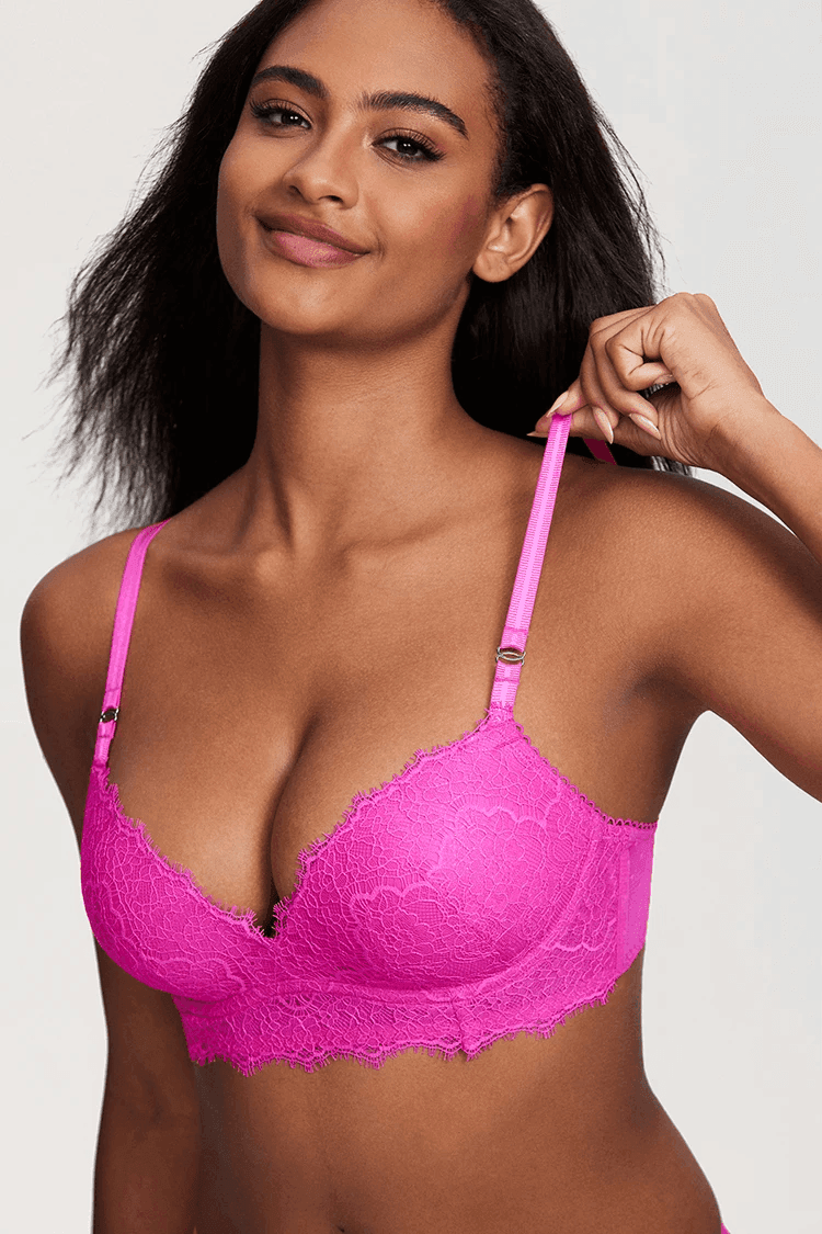 Close-up of lace overlay and scalloped trim on lilac padded push up demi bra cup - MissFine