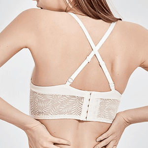 Front view of white lace full cup underwired bra with decorative lace band under the cups and smooth wings - MissFine