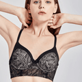 Front view of black lace full cup underwired bra with lightly padded molded cups and plunge neckline - MissFine