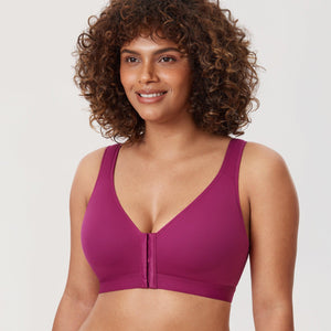 Front view of magenta seamless front-closure bra with molded cups and V-neckline - MissFine