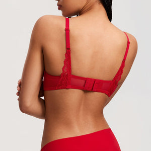 Side angle of lipstick red full cup underwire bra showing lace cups and adjustable straps - MissFine