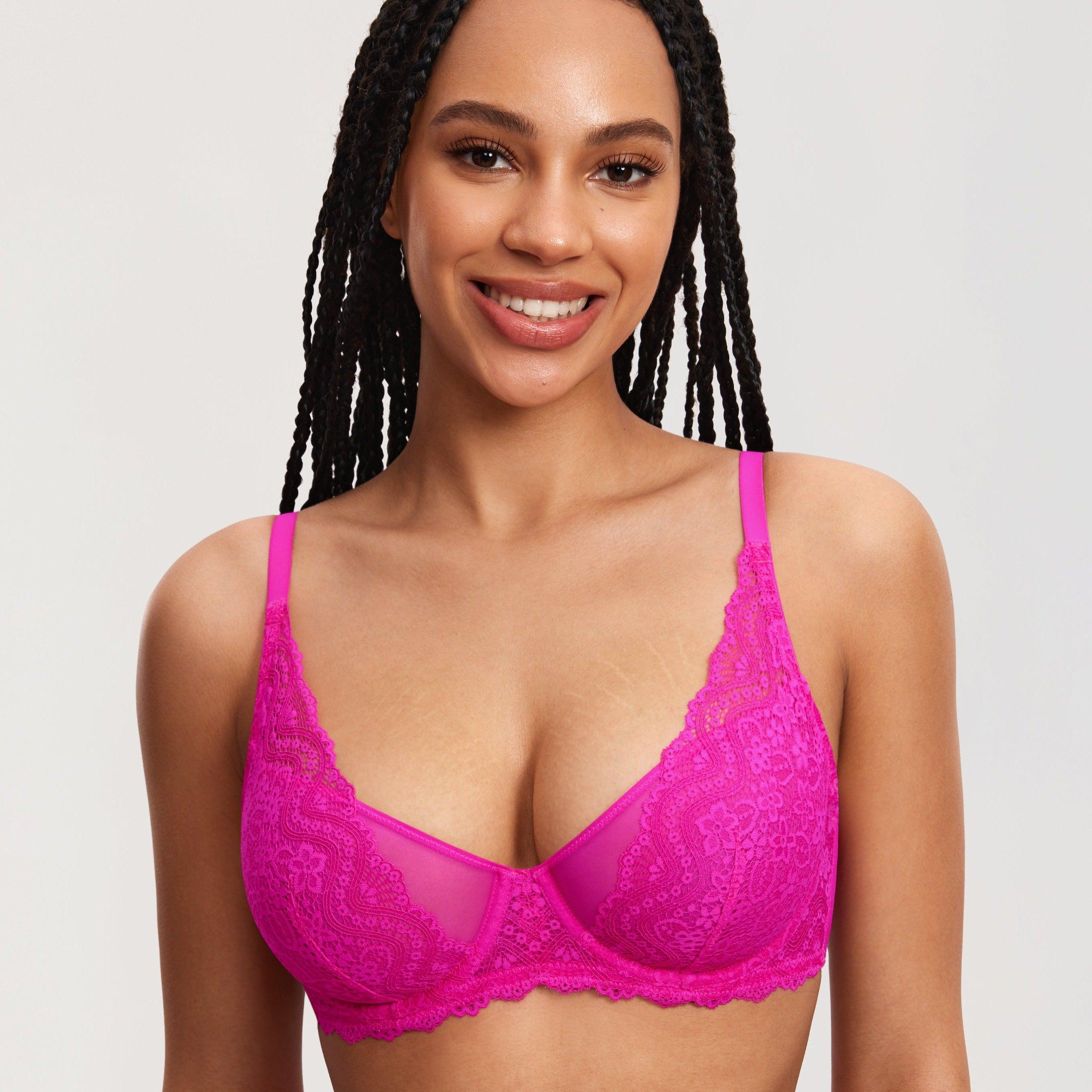 Front view of black full cup minimiser bra with lace overlay and mesh center panel - MissFine