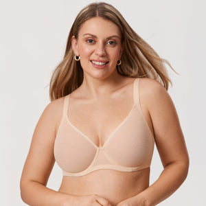 Front view of black sheer underwired plunge bra with mesh cups and adjustable straps - MissFine