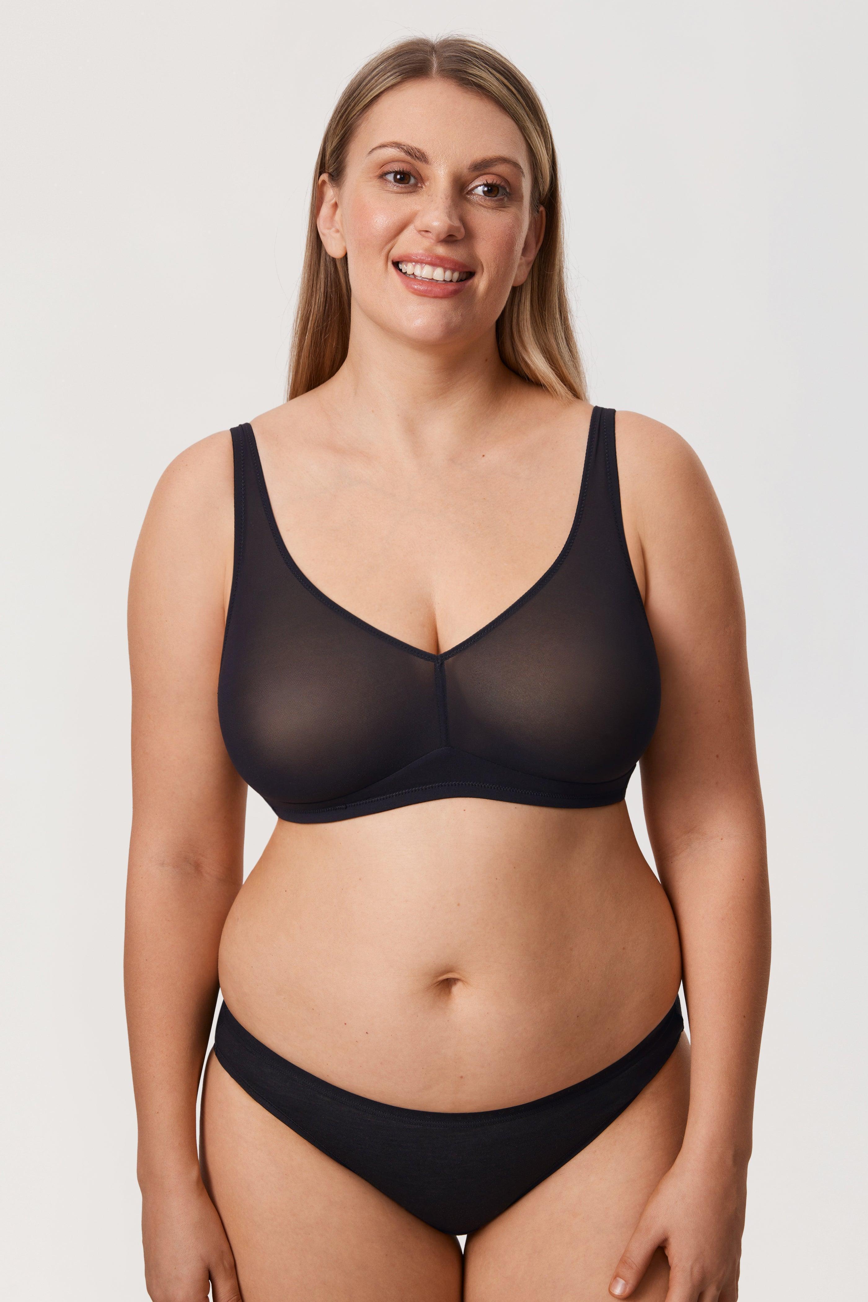 Close-up of wide soft straps and smooth fabric texture on black full cup bra - MissFine